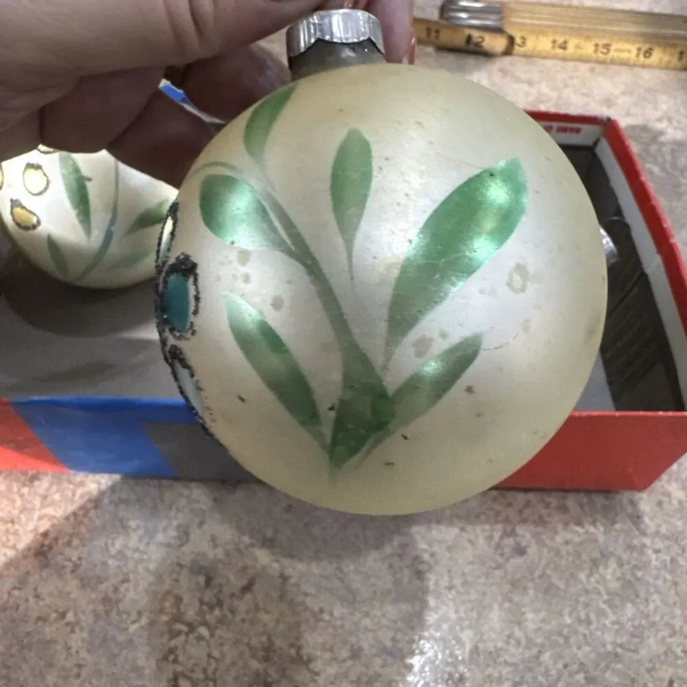 5 Vintage Christmas Ornaments Painted Floral Design Jumbo Balls West Germany